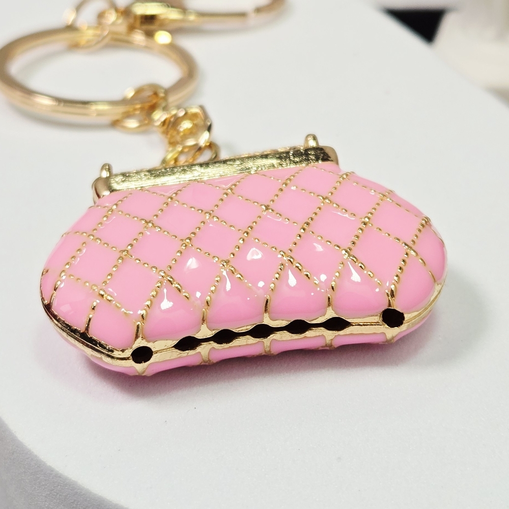 Pink Quilted Purse Rhinestone Keychain Gold Bag Charm w/ Bow Puffy Keyring Clip - Picture 9 of 12